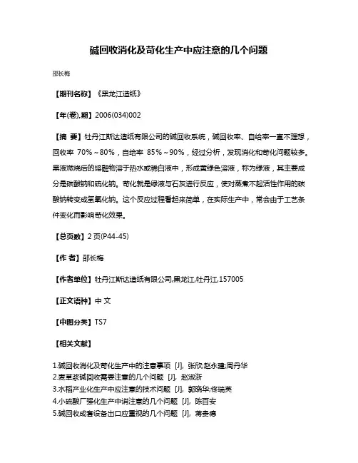 碱回收消化及苛化生产中应注意的几个问题