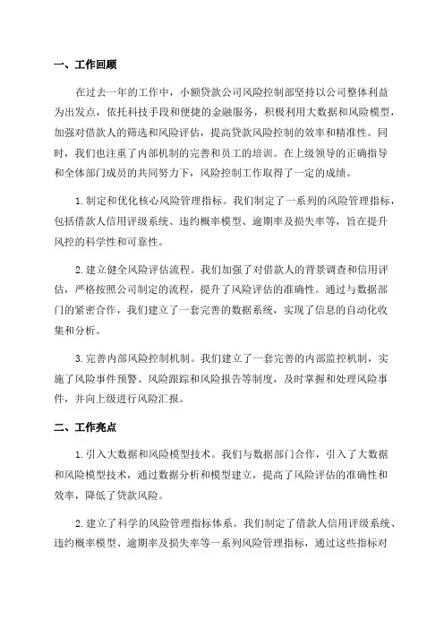 小额贷款公司风险控制部年终总结