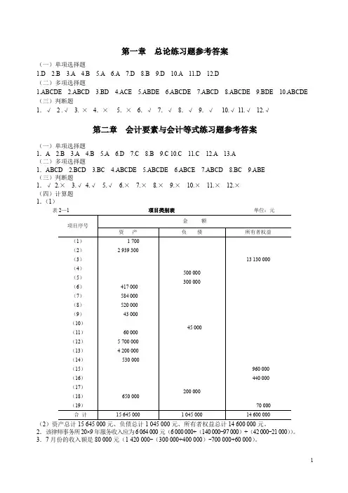 基础会计习题与案例答案(第二版)(陈文铭)XXXX