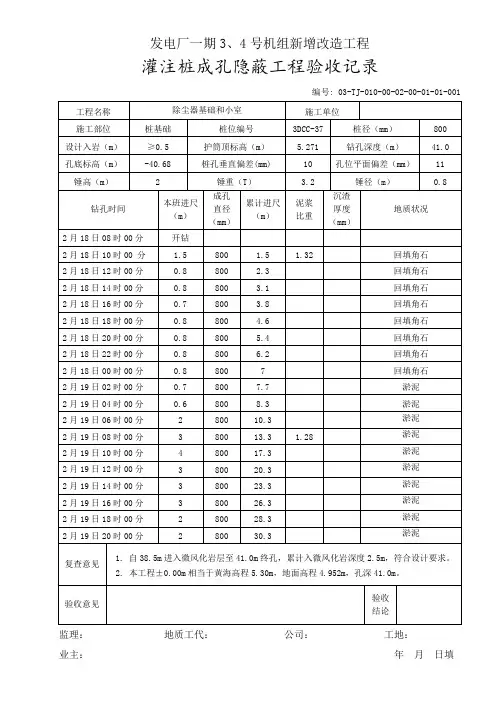 灌注桩成孔隐蔽验收记录