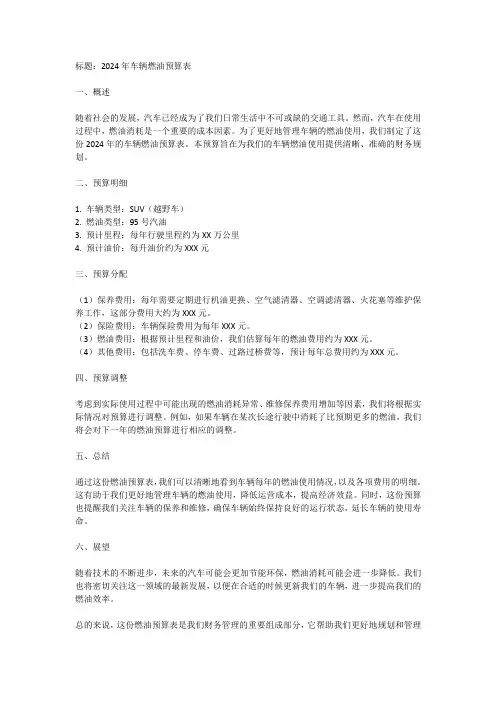 2024年车辆燃油预算表