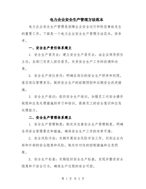 电力企业安全生产管理方法范本