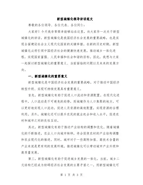 新型城镇化领导讲话范文