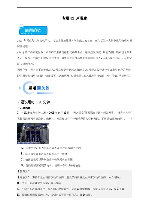 2024年中考专区 一轮复习 专题02 声现象(解析版)