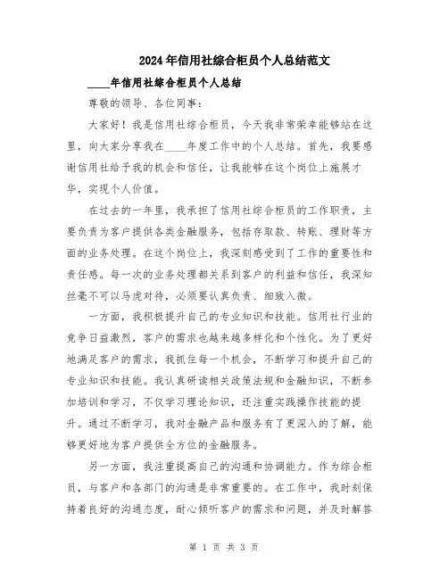 2024年信用社综合柜员个人总结范文