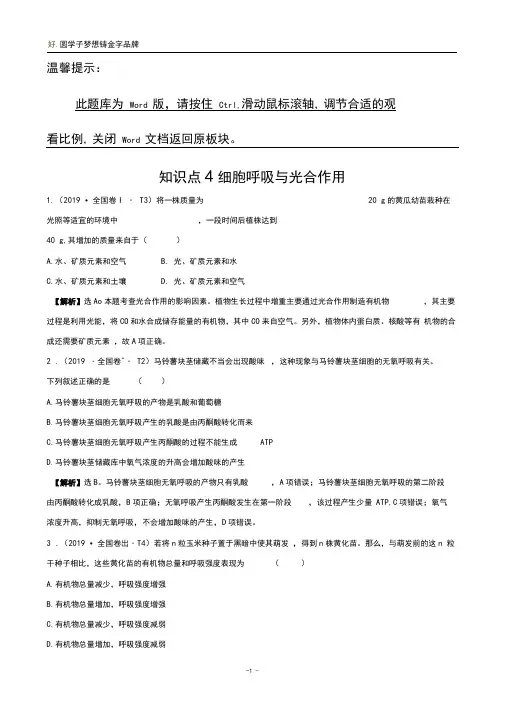 2019年高考真题分类题库生物知识点4细胞呼吸与光合作用