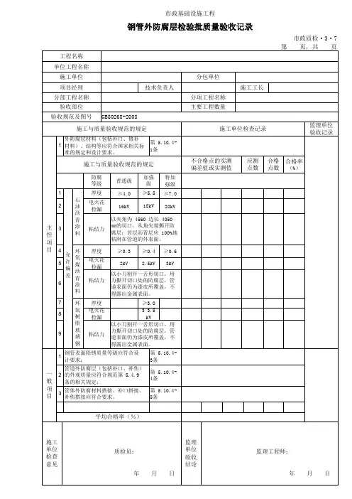 33007钢管外防腐层检验批质量验收记录