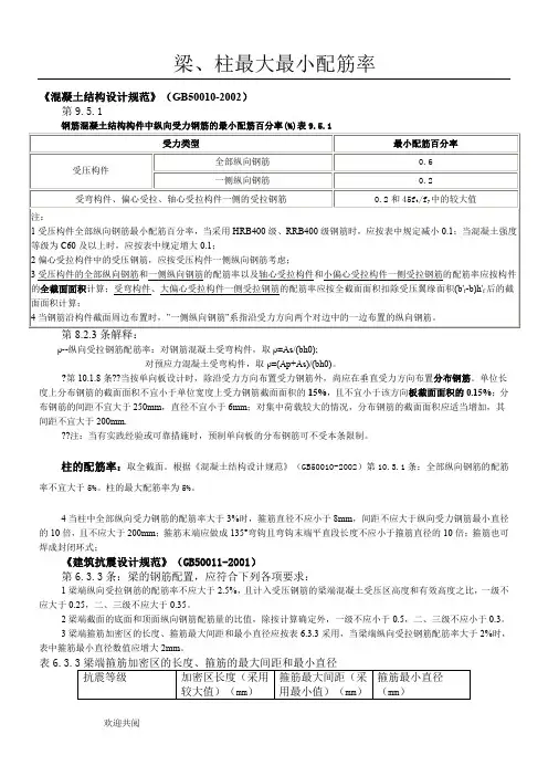 梁、柱最大最小配筋率