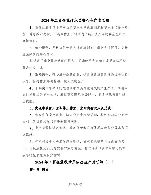 2024年工贸企业技术员安全生产责任制（二篇）
