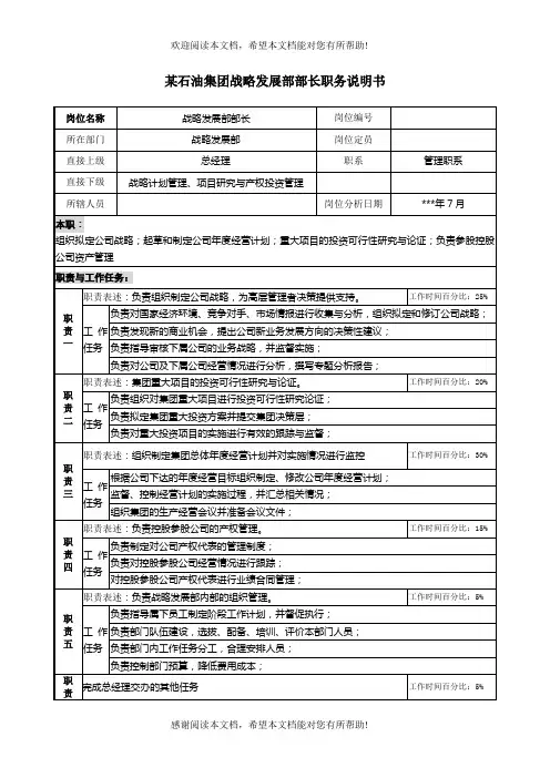 战略发展部部长职务说明书