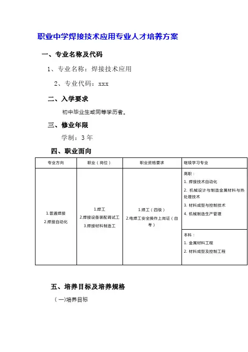 职业中学焊接技术应用专业人才培养方案