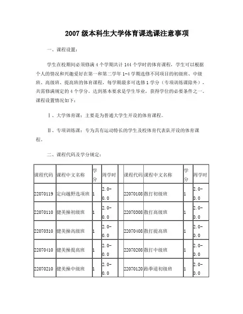 2007级本科生大学体育课选课注意事项(精)