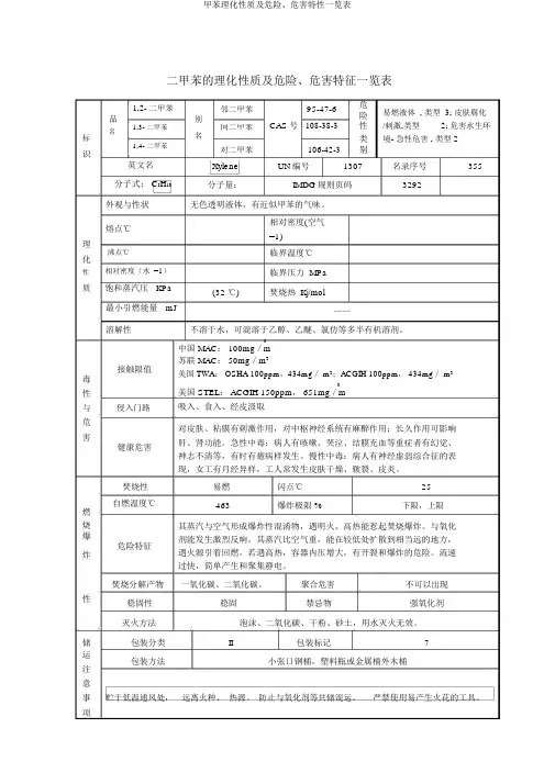 甲苯理化性质及危险、危害特性一览表