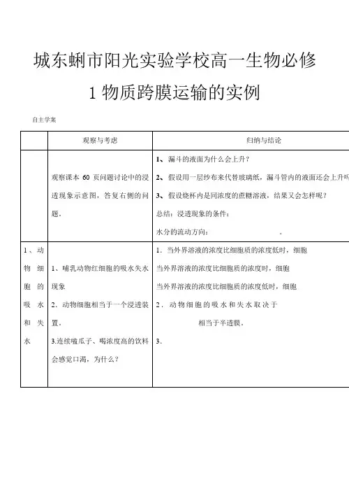 高一生物必修 物质跨膜运输的实例