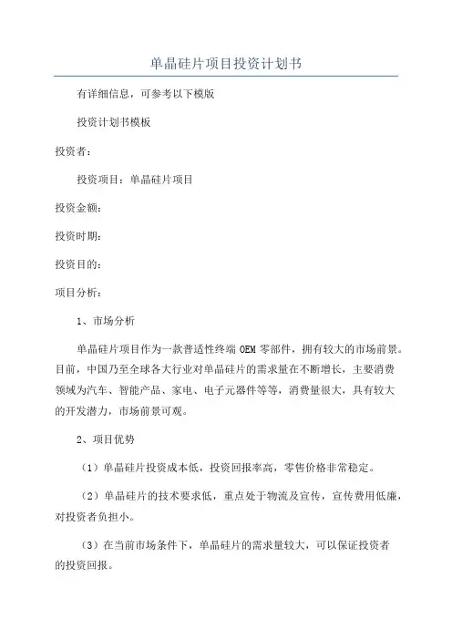 单晶硅片项目投资计划书