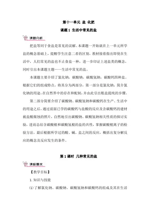 人教版九年级化学第十一单元课题1 生活中常见的盐 教案