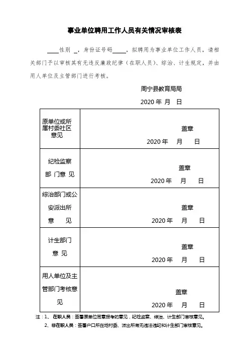 事业单位聘用工作人员有关情况审核表
