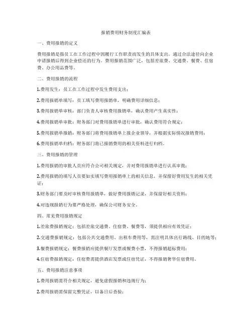 报销费用财务制度汇编表