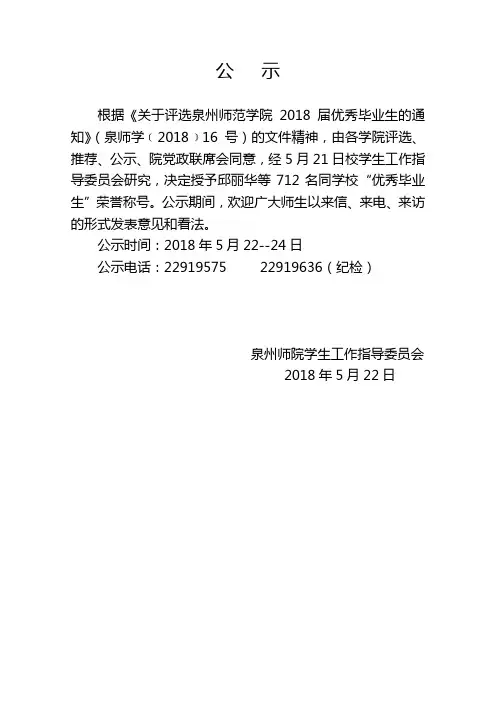 泉州师范学院2018届优秀毕业生名