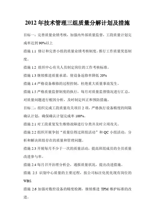 2012技术管理三组质量分解计划及措施