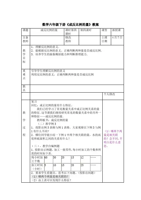 数学六年级下册《成反比例的量》教案