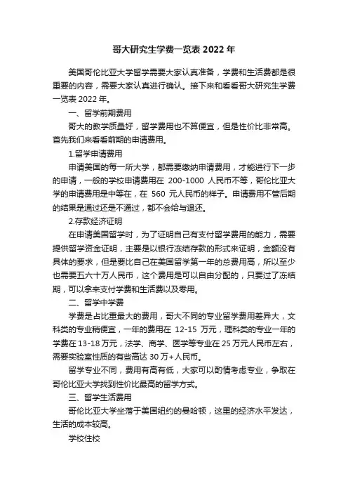 哥大研究生学费一览表2022年