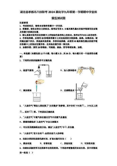 湖北省孝感市八校联考2024届化学九年级第一学期期中学业质量监测试题含答案解析
