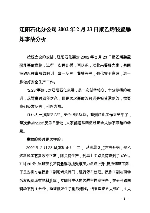 辽阳石化分公司2002年2月23日聚乙烯装置爆