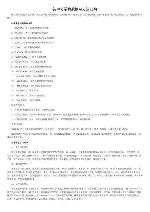 初中化学物质除杂方法归纳