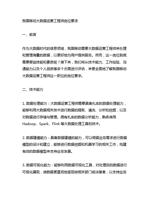 中国移动 大数据运营工程师 岗位要求