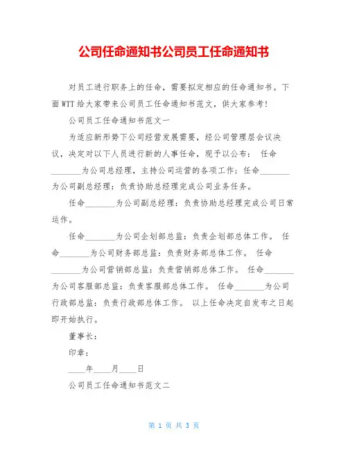 公司任命通知书公司员工任命通知书