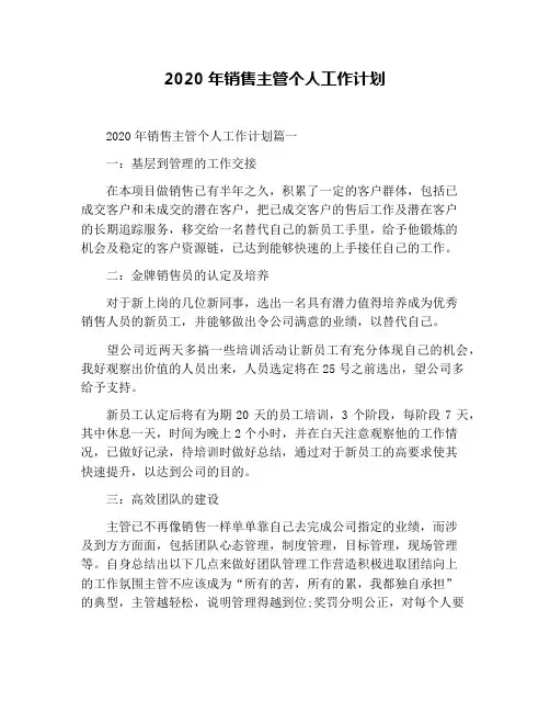 2020年销售主管个人工作计划