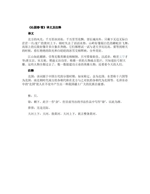 《沁园春雪》译文及注释