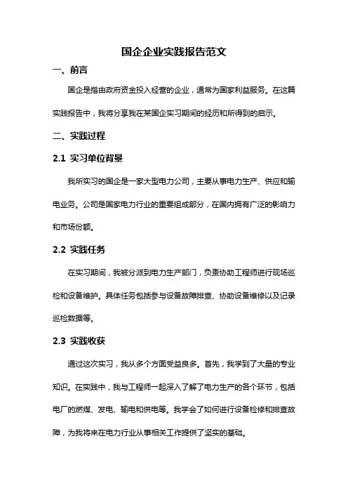 国企企业实践报告范文