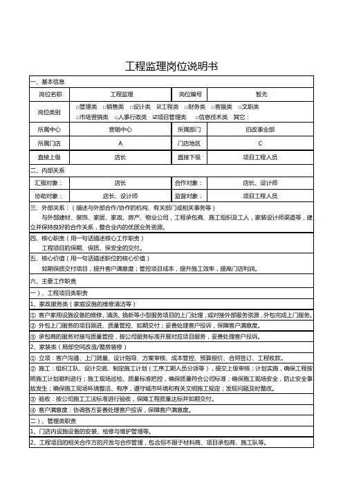 工程监理岗位说明书