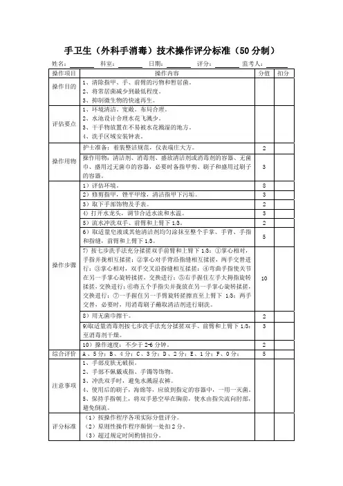 手卫生(外科手消毒)技术操作评分标准表