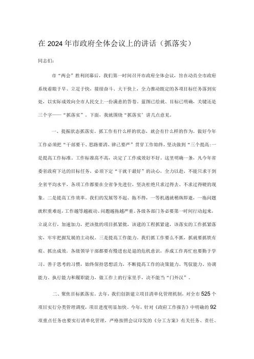 在2024年市政府全体会议上的讲话