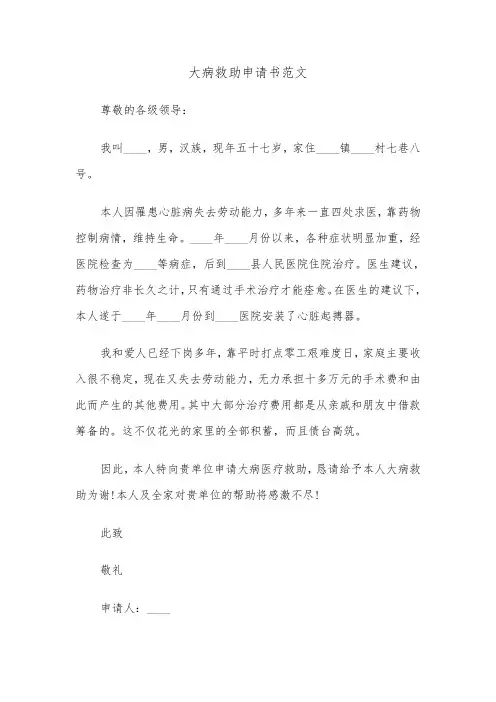 大病救助申请书范文（3篇）