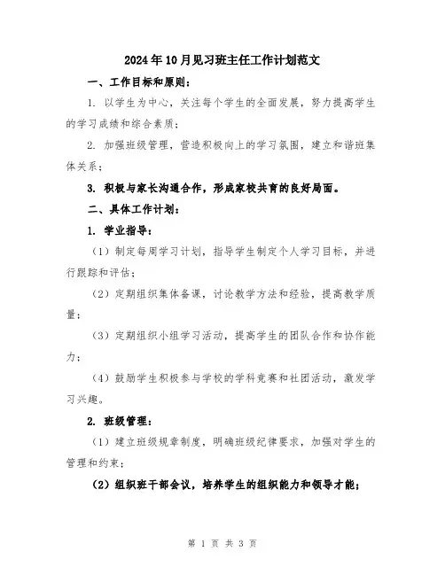 2024年10月见习班主任工作计划范文