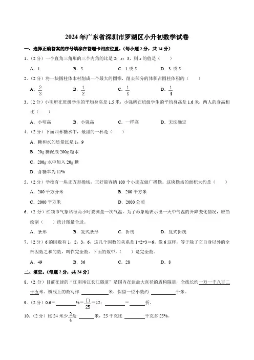 2024年广东省深圳市罗湖区小升初数学试卷(含答案)