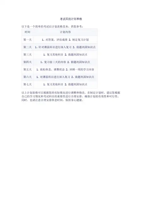 考试后的计划表格
