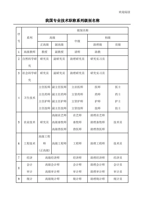专业技术职称等级分类