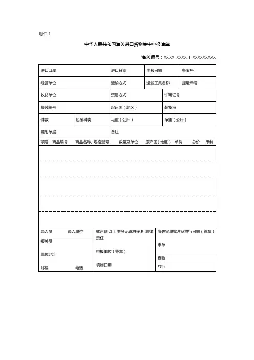 中华人民共和国海关进口货物集中申报清单【模板】