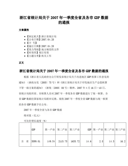 浙江省统计局关于2007年一季度全省及各市GDP数据的通报