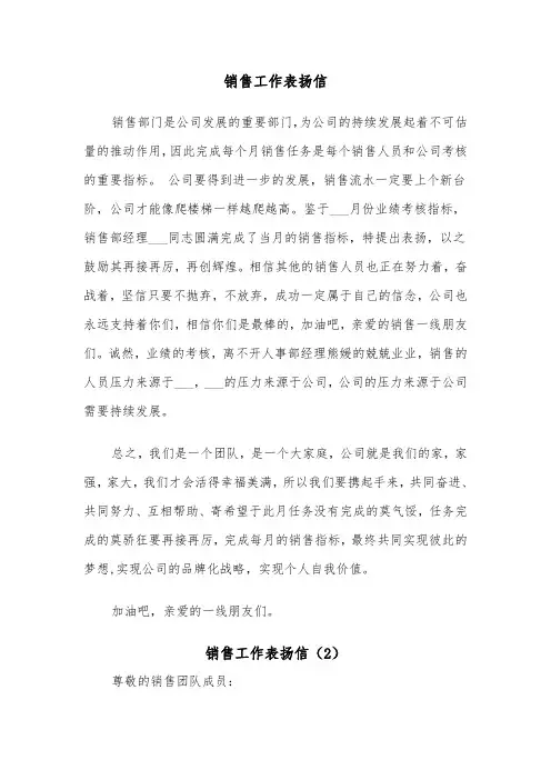 销售工作表扬信（2篇）