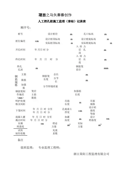 人工挖孔桩施工监理(旁站)记录表