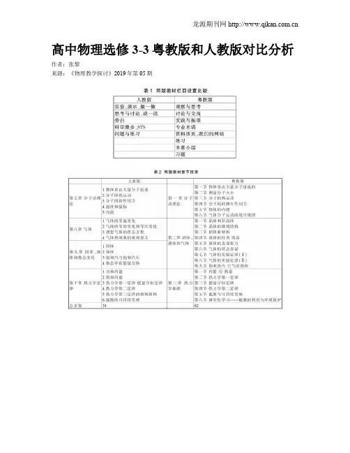 高中物理选修3-3粤教版和人教版对比分析