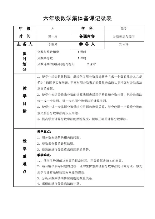 小学六年级数学上册集体备课记录表