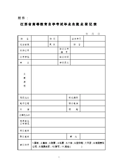 江苏省高等教育自学考试毕业生就业登记表