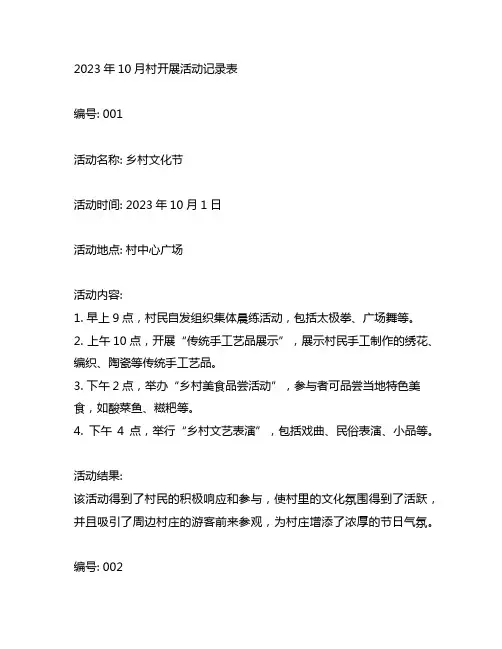 2023年10月村开展活动记录表